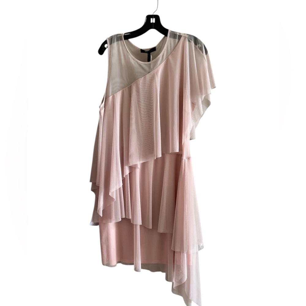 BCBGMAXAZRIA Madison Dusty Pink Asymmetrical Triple Tier Ruffle Design Dress Lg